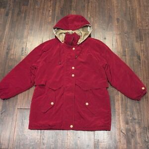 Vintage Basic Editions Quilted Jacket Womens L  Burgundy Hooded Parka‎ Zip 90s